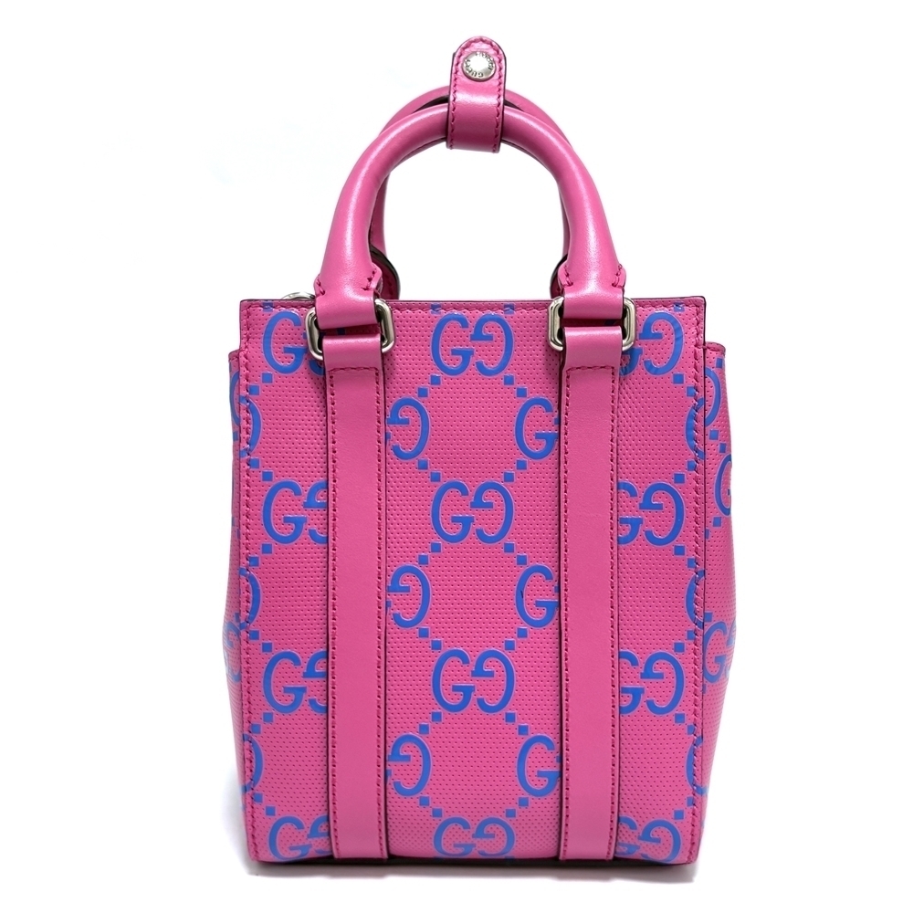 Gucci GG Embossed Tote Bag Leather Handbag Shoulder Shocking Pink Blue